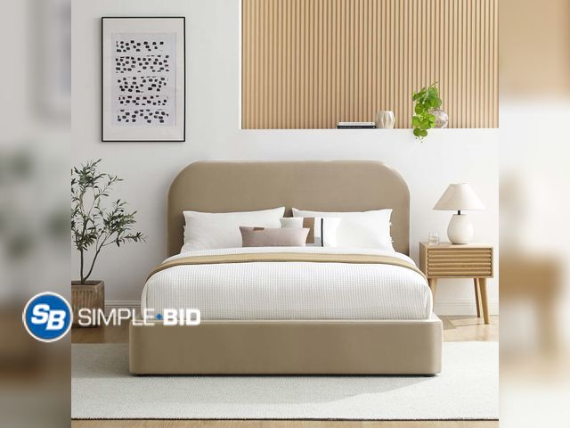 Lot 58-57647 - Modway Keynote Modern King Size Bed Frame with Curve Shaped Headboard in Taupe, Upholstered Performa...