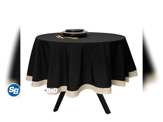 Lot 58-57934 - New Thyme &amp; Table 70" Round Tablecloth, Black with Gold Lurex Border