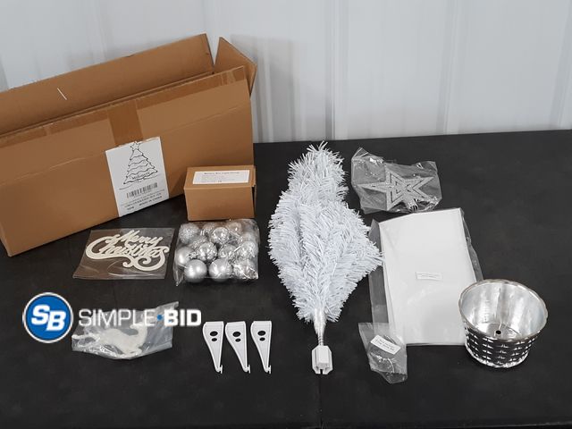 Lot 58-33304 - New 4ft WHITE Christmas tree with SILVER bulbs and base battery operated strings and more