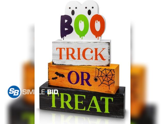 Lot 58-78189 - New 4 Pcs Halloween Wooden Decor, Trick or Treat Decorations Gifts for Indoor