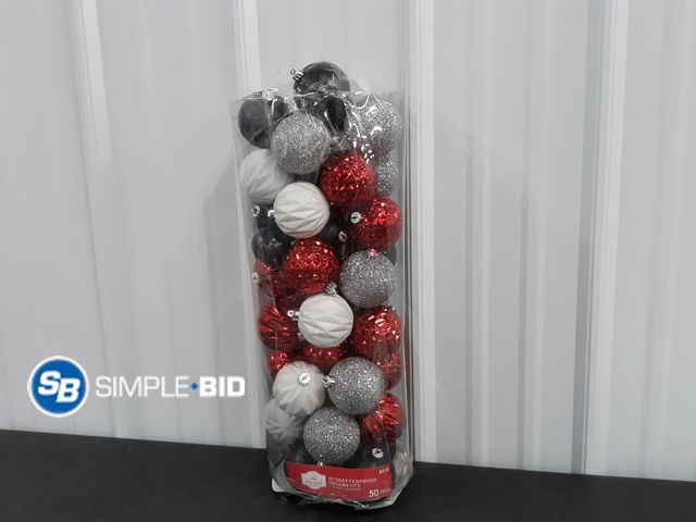 Lot 58-29591 - Holiday Time Shatterproof Ornaments -- Red Back, white and silver - appears unused