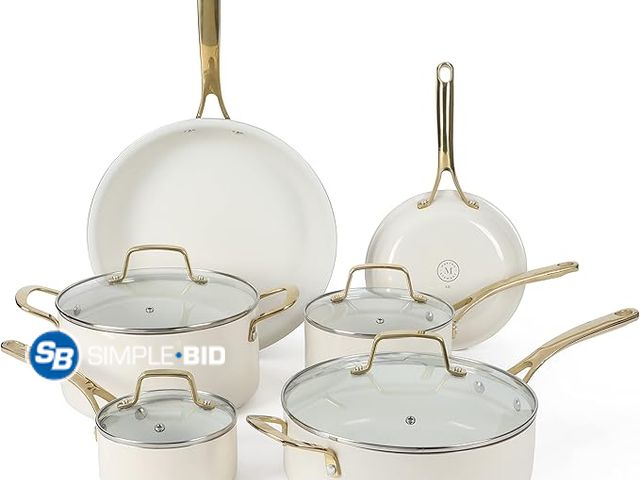 Lot 58-34338 - New Martha Stewart Lockton Premium Nonstick PFA Free Ceramic Interior 10 Piece Heavy Gauge Enamel Al...