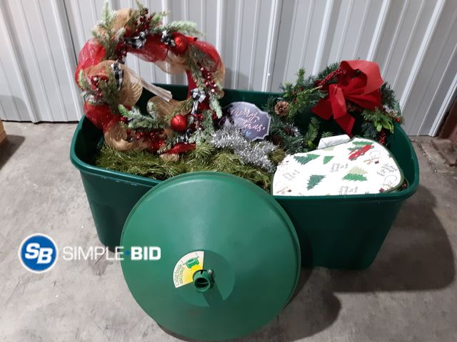 Lot 58-32405 - Large Rubbermaid Tote Full of CHRISTMAS decor and Tree - used but in good condition