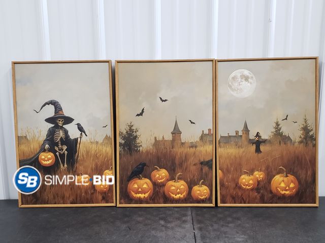 Lot 58-41871 - Lot of (3) Wood Framed Halloween Themed Canvas Wall Art 16 x 24"