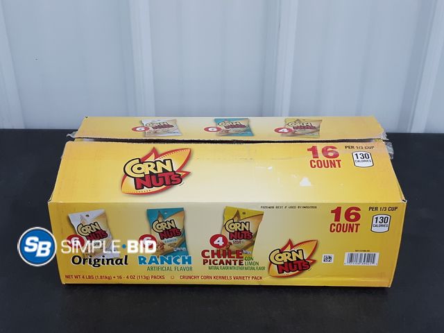 Lot 58-37620 - CORN NUTS! 16 count -- individually packages -- Original -- Ranch -- Chile Picante - unopened