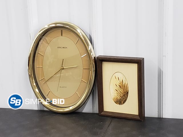 Lot 58-84373 - Lot of (2) - Verichron Quartz Wall Clock (works) and Wood Framed Watercolor Artwork
