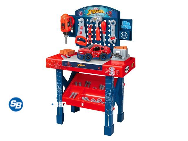Lot 58-58957 - Marvel Spider-Man Tool Bench Playset with Take-Apart Car and 84 Accessories, Ages 3+ - open - damage...