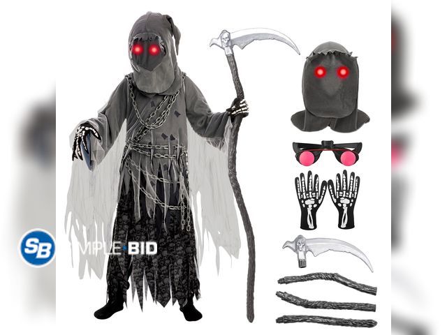 Lot 58-32433 - Joyfy Grim Reaper Costume for Kids, Halloween Costume with Glowing Red Eyes for Child Halloween Part...