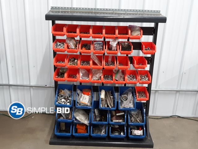 Lot 58-33813 - Metal Rack with Lots of Plastic Storage Bins and Misc Parts and Pieces