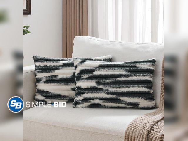 Lot 58-83338 - New FUTEI Black Decorative Throw Pillow Covers 12x20 Inch Set of 2, Soft Tie-Dye Faux Rabbit Fur Str...
