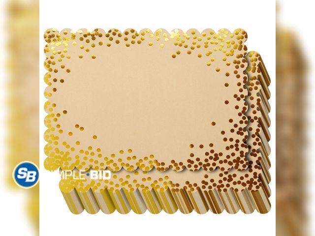 Lot 58-58902 - New Blue Panda Rectangular Disposable Gold Paper Placemats - Scalloped Edge &amp; Gold Foil Polka Do...