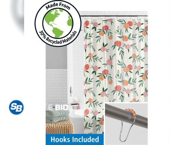 Lot 58-33720 - New Mainstays Waterproof Peaches 30% Recycled PEVA Shower Curtain Set &amp; Hooks, 13-Piece, Orange,...