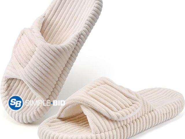 Lot 58-50560 - New SCQTL Womens Open Toe Slippers with Arch Support,Corduroy Indoor House Slippers Adjustable Comfo...