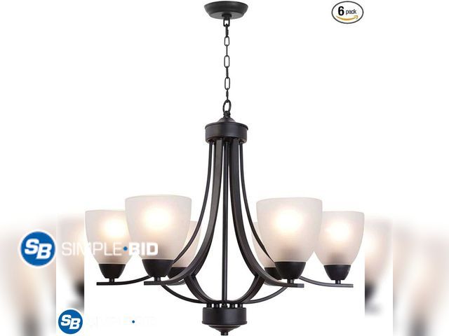 Lot 58-23506 - Project Source Traywick 5 light chandelier - appears unused - missing (1) glass globe