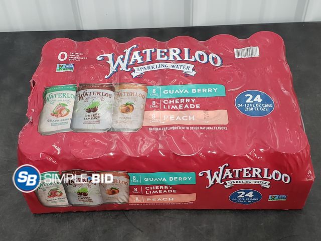 Lot 58-30774 - WATERLOO! Sparkling Water - Guava Berry Cherry limeade - peach 23 cans - unopened