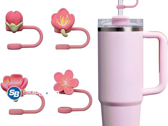 Lot 58-60375 - New 4 Stanley cup Straw Covers, Peach blossom dustproof straw cover, Stanley cup 30&amp;40oz silicon...