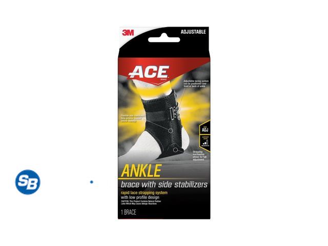 Lot 58-27168 - New ACE Brand Ankle Support with Side Stabilizers, Adjustable, Black, 1 Brace