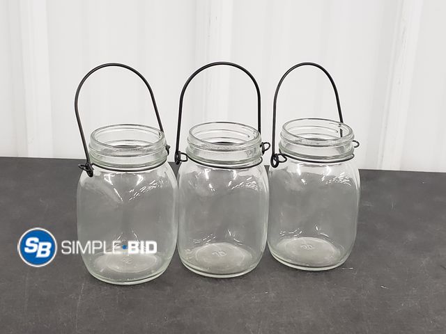 Lot 58-60362 - Lot of (3) Decorative Glass jars with handles - Great for decor - Candles, and more