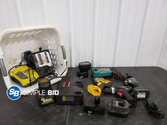 Lot 58-59645 - Basket Full of Tool Chargers and Batteries including DeWalt , Bosch and more - variety of styles - u...