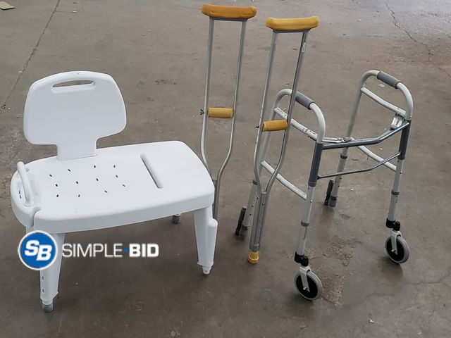 Lot 58-67920 - (1) Set of Crutches, (1) Walker and (1) Shower Bench - All Used
