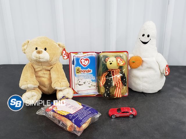Lot 58-53211 - Lot of TY Beaning Baby Stuffed Animals (2) Large (2) Small and Hot Wheels Car