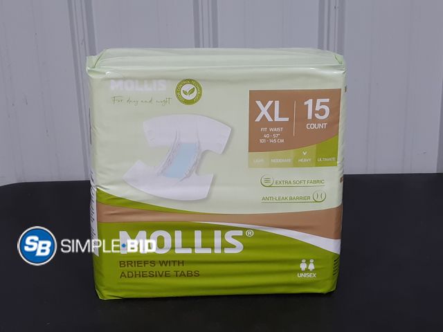 Lot 58-31948 - New MOLLIS Adult Diapers for Women and Men, Unisex Disposable Incontinence Briefs with Tabs, Odor Co...