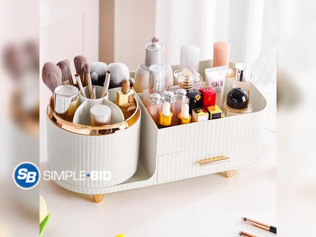 Lot 58-37243 - Rotating Makeup Organizer for Vanity with Brush Holder and Drawer, Cosmetic Makeup Storage, Large Sp...