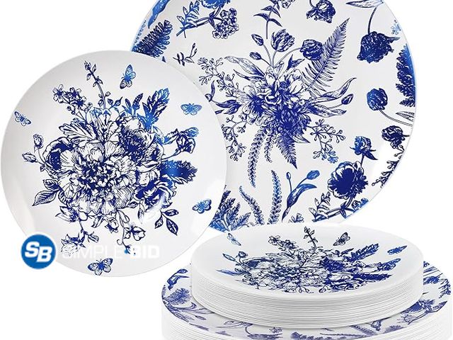 Lot 58-28663 - 36 Pieces White &amp; Blue Floral Disposable Plastic Plates, 10.25" and 7.5" Dinner and Dessert Plat...