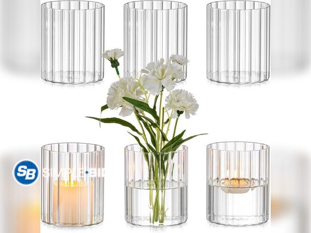 Lot 58-72329 - New Glasseam Glass Cylinder Vases for Centerpieces: Clear Ribbed Flower Vases for Pillar Candle - 6P...