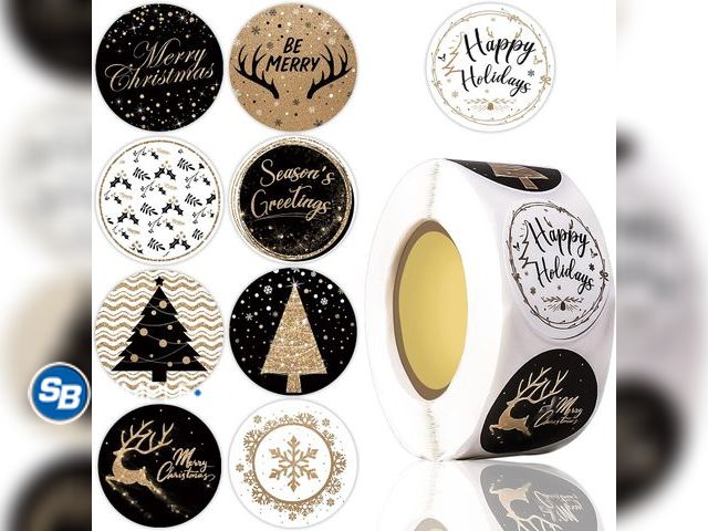 Lot 58-73715 - New 500PCS Merry Christmas Stickers Labels 9 Black &amp; Gold Faux Glitter Designs Christmas Gift Ta...