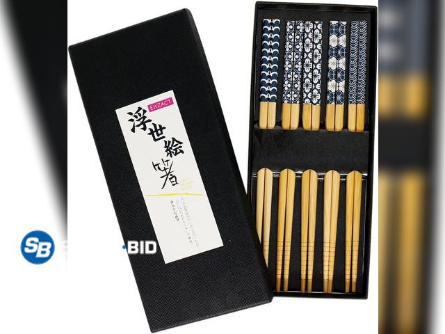 Lot 58-40193 - New Exzact Chopsticks Gift Set - 5 Pairs of Reusable Natural Bamboo Chopsticks in a Beautiful Black ...