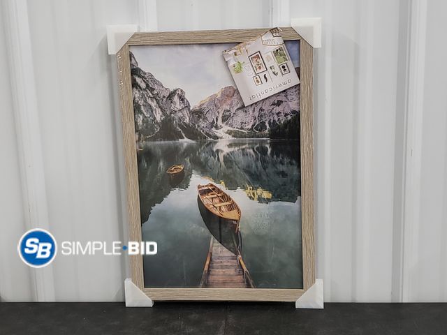 Lot 58-56982 - Boat, Mountains and Water Framed artwork - Approx 15 x 20"