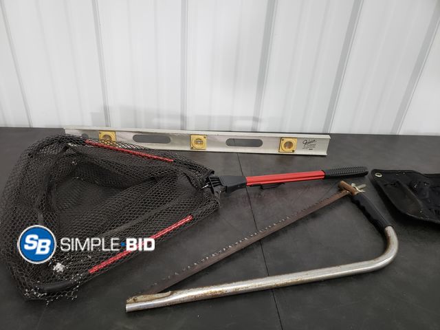 Lot 58-74408 - Lot of Various Tools and more including Level, Hand saw, Foldable Fishing Net and more