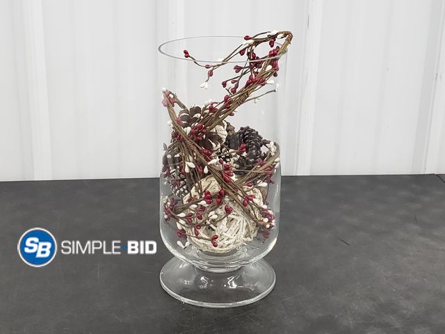 Lot 58-60360 - Decorative Glass Vase with Christmas decor vines, pine cones and more - Decorate it for any occasion...