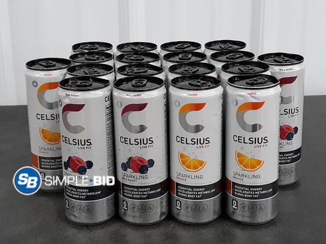 Lot 58-37629 - CELSIUS! Lot of (18) Celsius sparkling Energy drinks -- sparkling ORANGE - sparkling WILD BERRY 12 f...