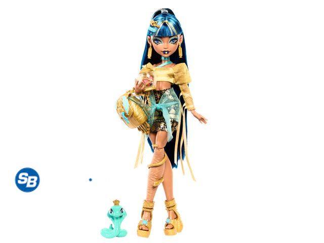 Lot 58-54091 - New Monster High Cleo De Nile Fashion Doll in Golden Shirt with Pet Hissette and Accessories