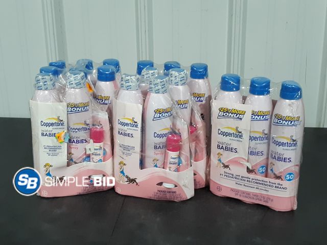 Lot 58-34630 - Lot of Coppertone water babies SUNSCREEN - 15 7.5 oz bottles with baby sticks and more - expired