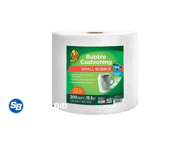 Lot 58-26965 - New Duck 90% Recycled Content Small Bubble Cushioning Wrap, Clear, 12 in x 200 ft (1 Roll) (287368)