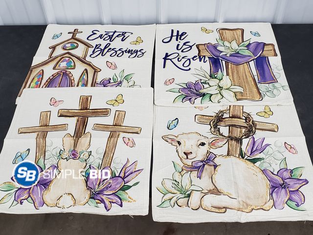 Lot 58-50443 - Lot of (4) New EASTER throw pillows -- HE IS RISEN! -- EASTER BLESSINGS and more - approx. 18" x 18"