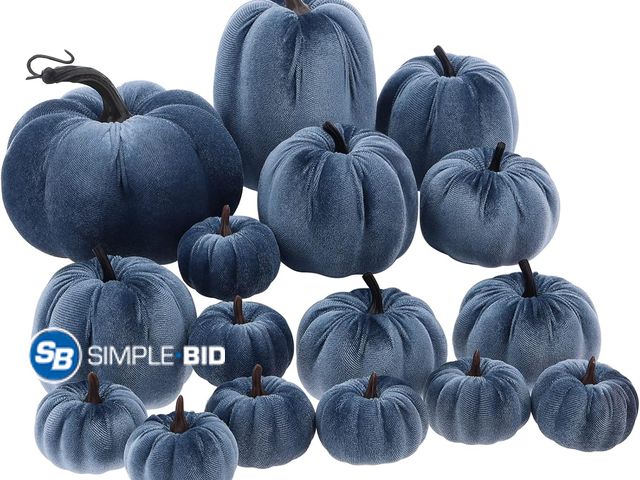 Lot 58-72748 - New 16 Pcs Blue Velvet Pumpkin Fall Decor Artificial Foam Pumpkins Navy Blue Fabric Faux Pumpkin Rus...