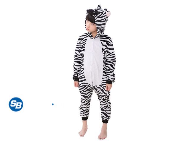 Lot 58-32428 - Kids Zebra Costumes Animal Onesie Cosplay for Boys Girls Halloween Warm Plush One Piece Zebra L