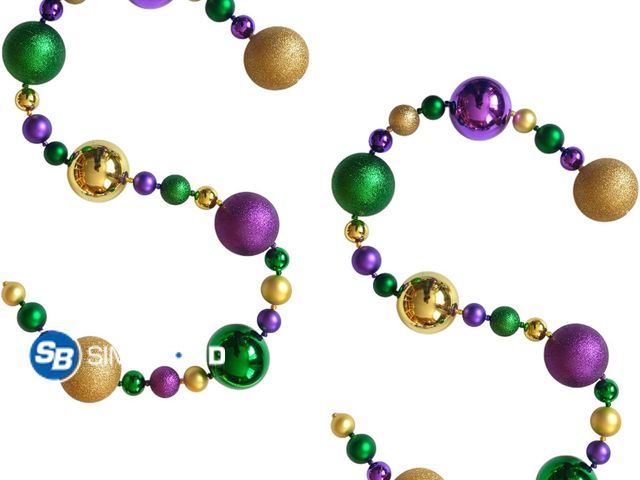 Lot 58-68647 - New Bibelot Mardi Gras Garland, 6 Ft Mardi Gras Bead Garland with Purple Gold Green Metallic Balls, ...
