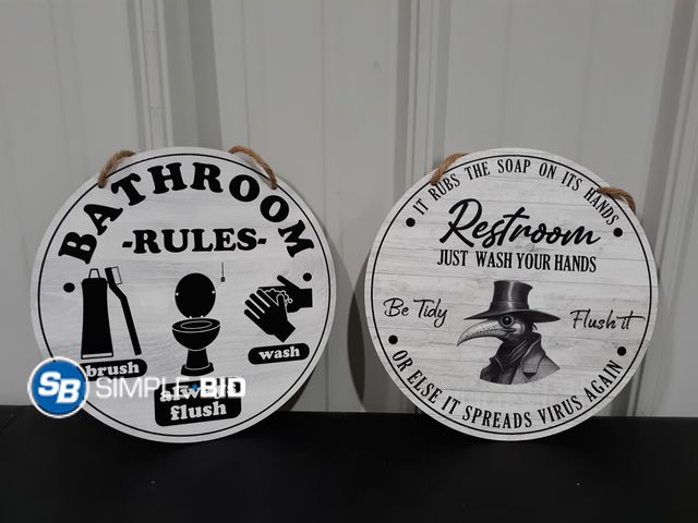 Lot 58-21668 - Lot of (2) New BATHROOM Round wooden Signs -- (1) Restroom Just Wash your hands -- Be Tidy - Flush -...