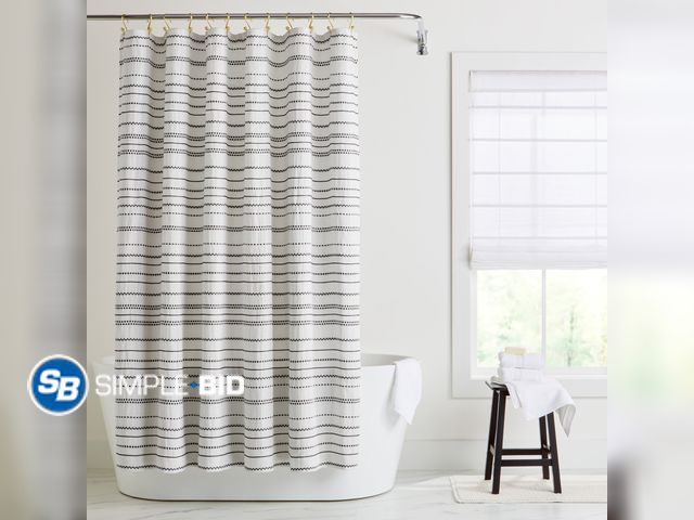 Lot 58-54110 - New Better Homes &amp; Gardens Crafted Woven Shower Curtain, Vanilla Dream/ Rich Black, 72 W x 72 L,...