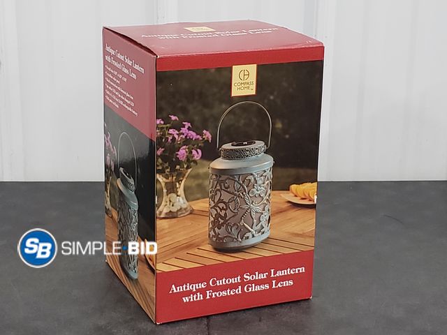Lot 58-72412 - Compass Home Antique Cutout Solar Lantern with Frosted Glass Lens