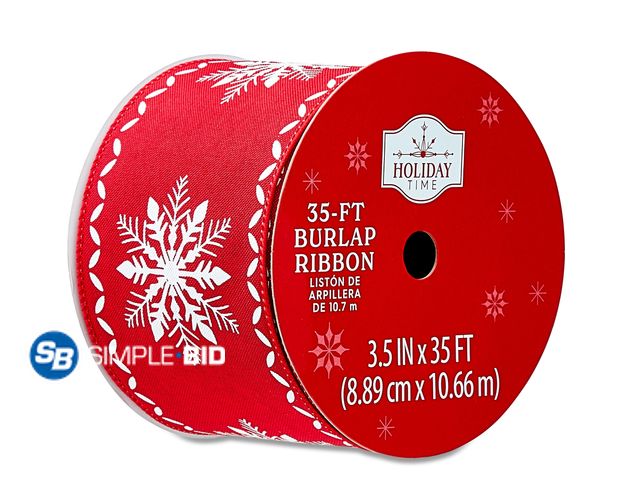 Lot 58-29598 - New Red with White Snowflakes Burlap Christmas Ribbon, 3.5 in x 35 ft, by Holiday Time