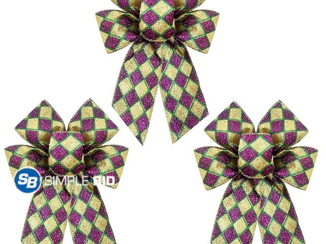 Lot 58-59064 - Lot of (4) New pacakges of 4 Pieces Mardi Gras Wreath Bow 7.0 x 10.2 Inches New Orleans Fat Tuesday ...