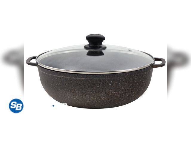 Lot 58-37471 - New IMUSA 7qt Fuzion Cast Aluminum Bronze Speckled Nonstick Caldero with Glass Lid, Black - 30cm