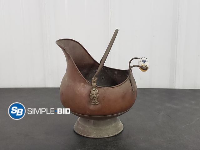Lot 58-67709 - Vintage Brass Copper Coal Scuttle Bucket, Delft Blue Porcelain Handles - in good condition