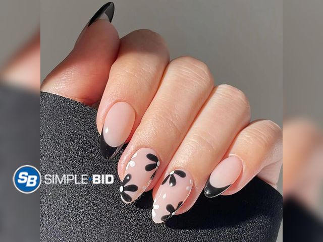 Lot 58-53523 - New Press on Nails for Women Black French Almond Fake Nails Tip with Flowers Design Full Cover False...